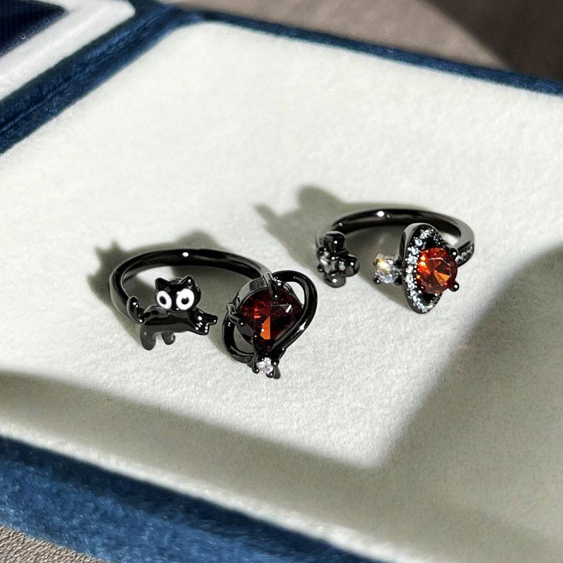 Dark Wind Personality Black Cat Planet Adventure Saturn Combination Ring Punk Neutral Style and Personality Fashion Ring