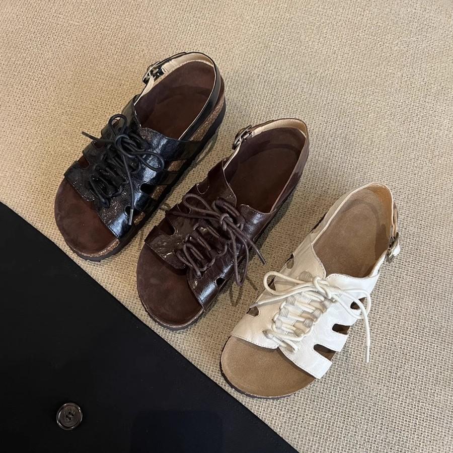 Lammfellversion~ Neue hohle Schnürleder-Römersandalen für Damen zum Tragen, Retro-Rundkopf, vielseitige Plateausandalen von Boken