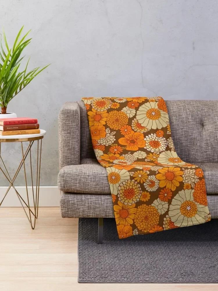 70. léta retro sedmikrásky, vintage květinová síla, oranžová a hnědá, boho, Módní přehozy na pohovky z chlupaté flanelové tkaniny