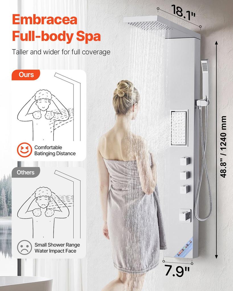 VEVOR Shower Panel Tower System with Rainfall Shower Head, 53 in Brushed Stainless Steel Shower Column, 3-Function Faucet