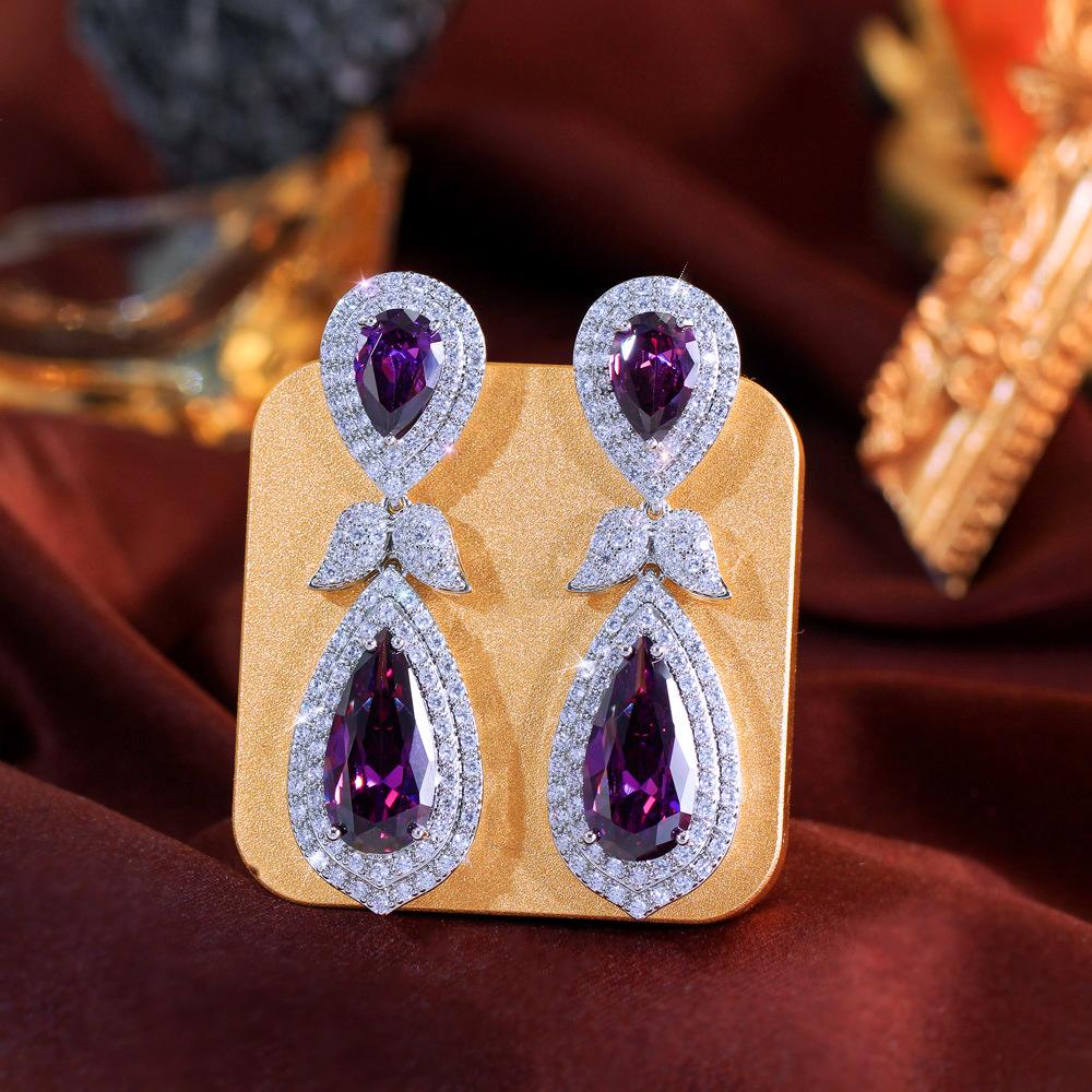 Long Heavy Industry Zircon Water Drop Pear Shaped Purple Earrings Dress Dress Dinner Wedding Accessories Earrings