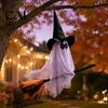 Decorative Broomstick with Ghost Mask Halloween Witch Broom Hanging Ornament, Spooky Hat Creepy Bar Ceiling Decoration Pendants for Indoor Outdoor