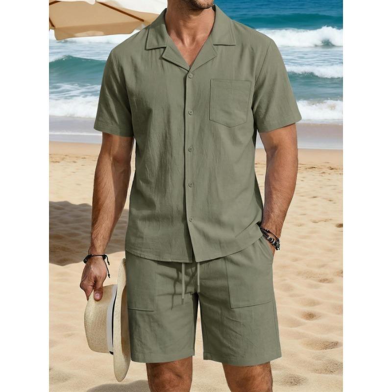 Mens Casual Linen Short Sleeve Shirt And Shorts Set