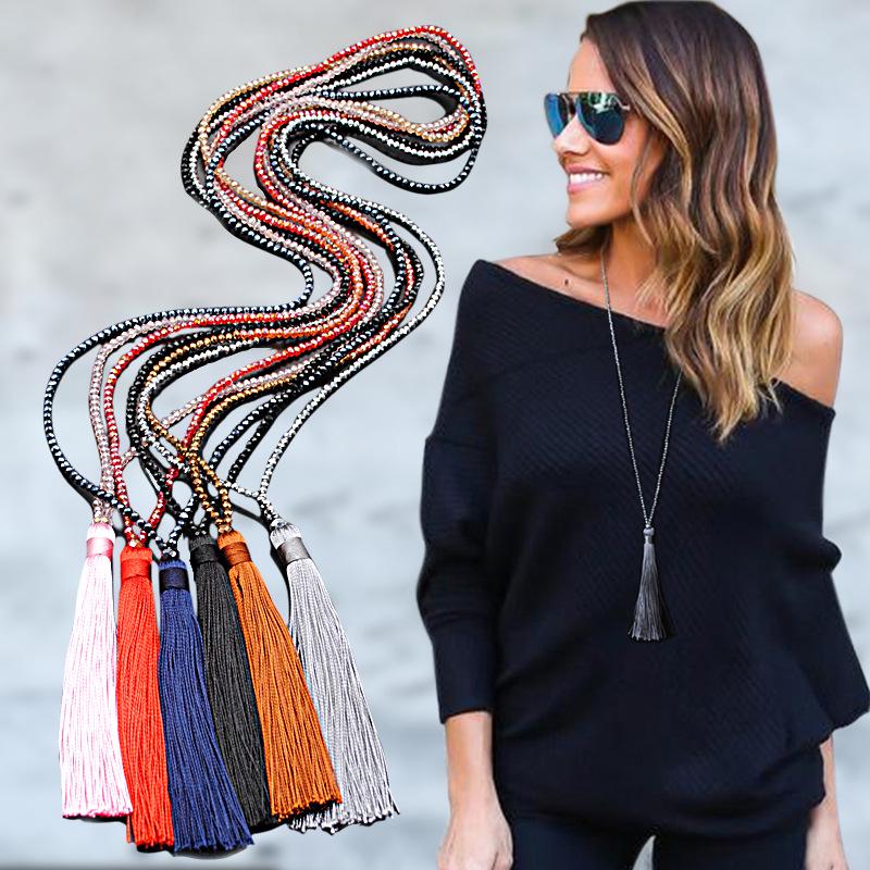 Colorful Crystal Long Tassel Necklace for Women - High-End Chain Jewelry