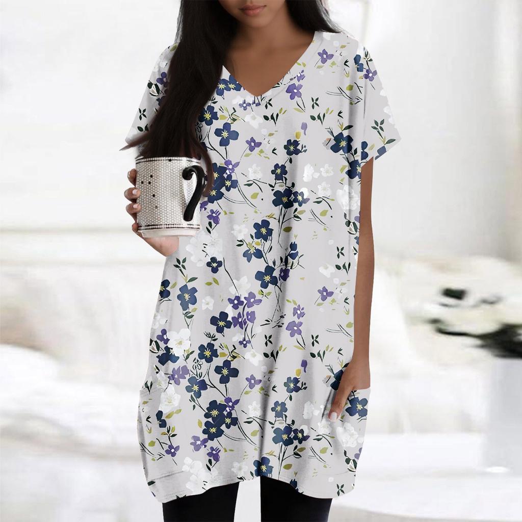 Womens Tops V-neck Short Sleeve Blouses Casual Mid-length Shirts Fashion Print Tunic Tops With Pockets