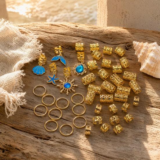 45Pcs Dreadlock Hair Accessories, Ocean Resort Theme Hair Buckles, Open Design Easy to Wear Braided Hair Rings, Alloy Lightweight Hair Jewelry
