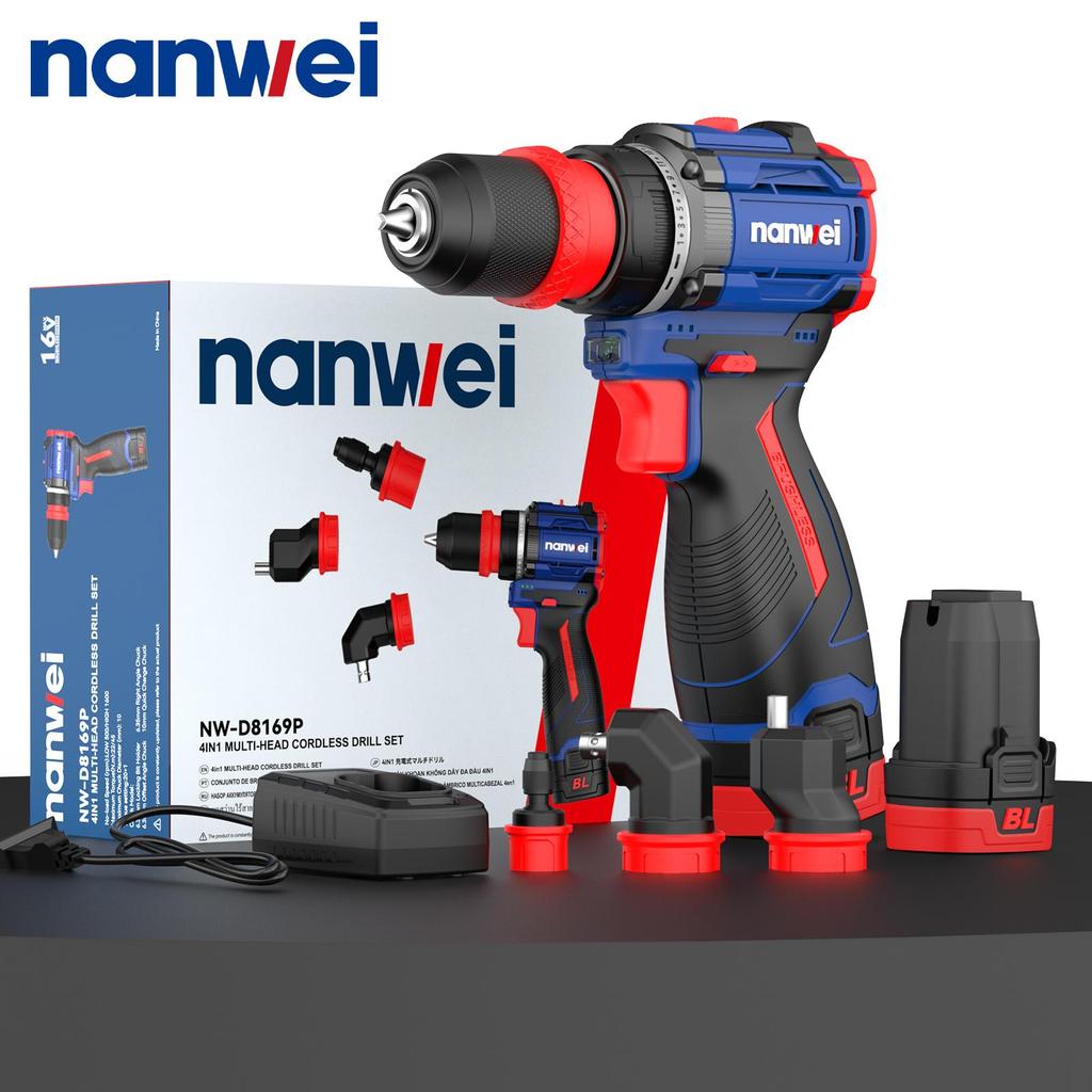 NANWEI 4-in-1 Electric Drill with Multiple Heads,brushless Motor 16 V, 45 Nm