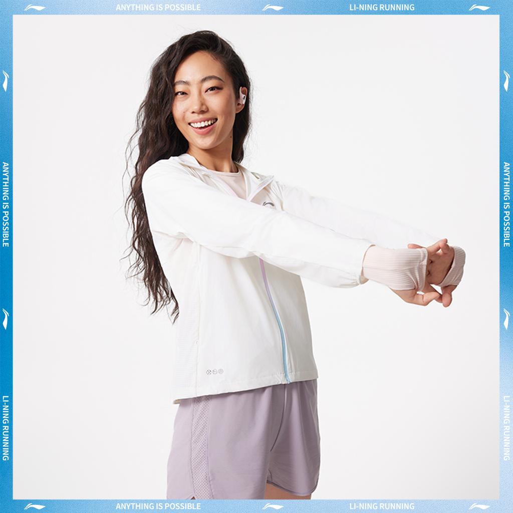 Li Ning Running Series Sports Casual Minimalist Solid Color Mirror Sun Protection Jacket Hooded Zipper Coat Women Jacket Champagne-White AFDV252-1