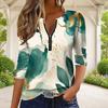 Women Plus Size Half Zipper Round Neck Long Sleeve Green Abstract Printed T Shirt
