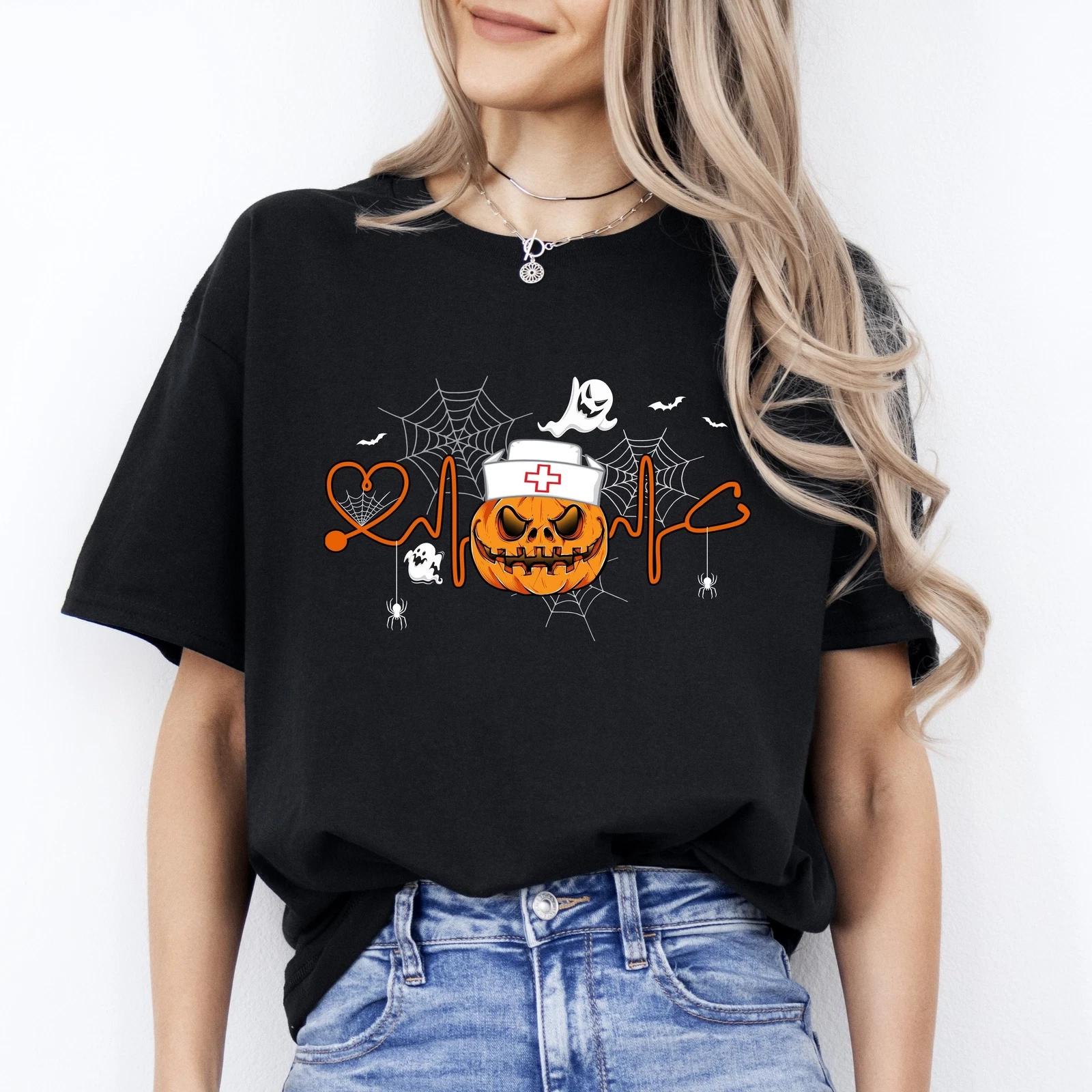 Pumpkin nurse Halloween Unisex T-Shirt Grumpy Nurse heartbeat spooky season tee XL
