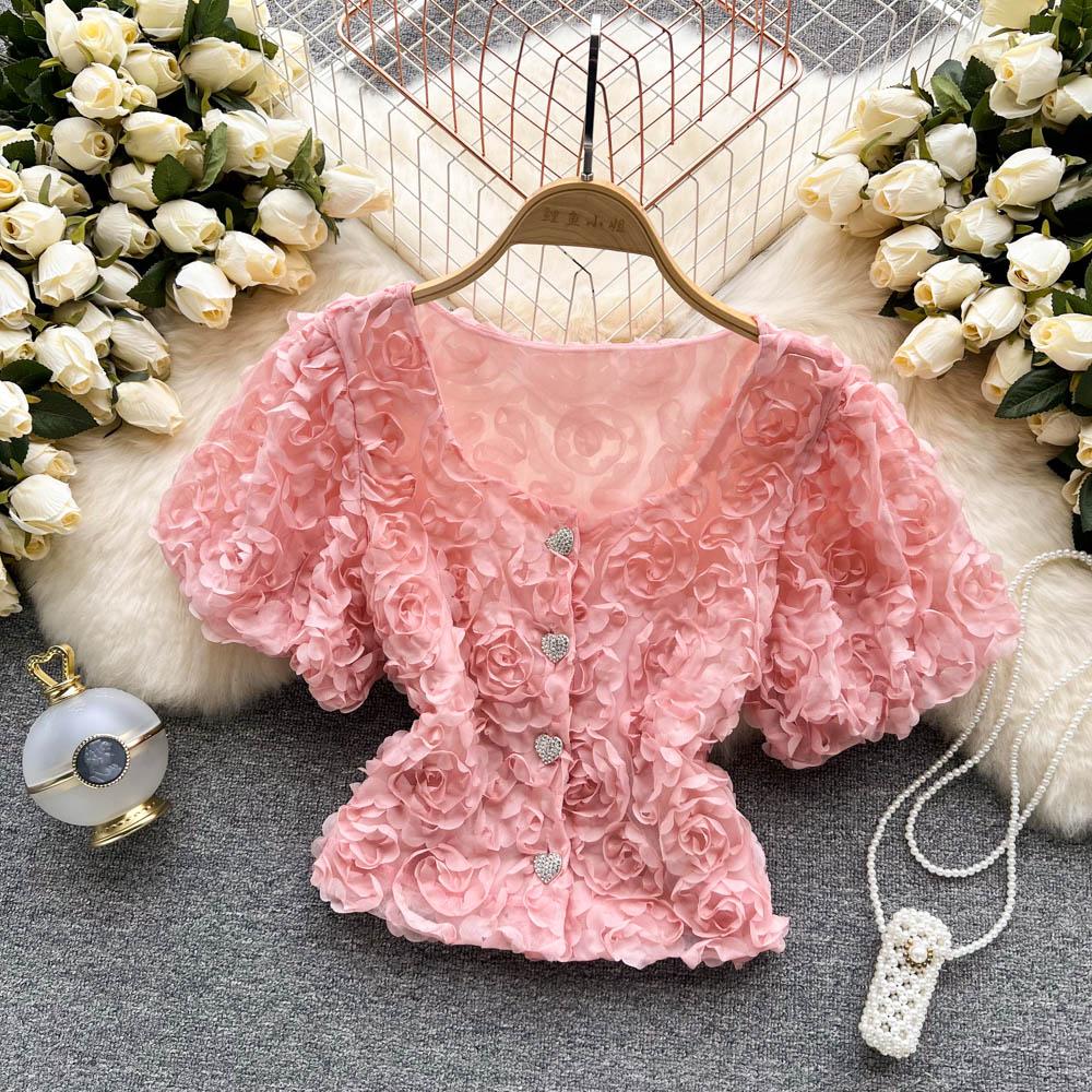 RUGOD Niche Design Sense Mesh Flower Kort Temperament-skjorte for kvinner Sommer Ny Slim Enkeltspente All-Match-topp