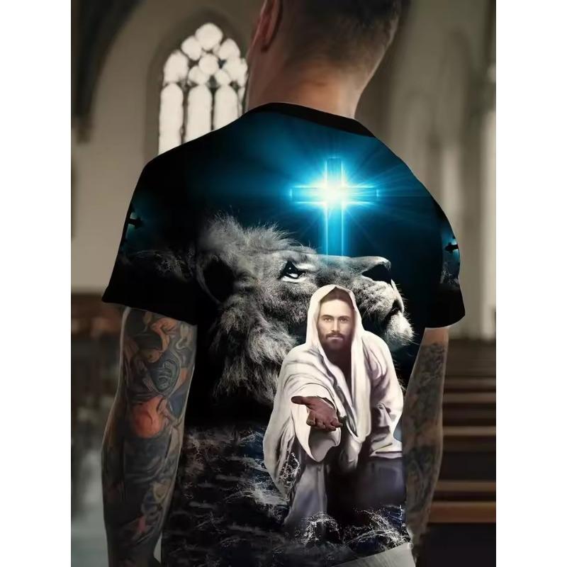 Męski T-shirt z nadrukiem na całej powierzchni z grafiką Jezusa i lwa, topy, casualowy T-shirt z krótkim rękawem i okrągłym dekoltem, letni, oversize, męskie koszulki