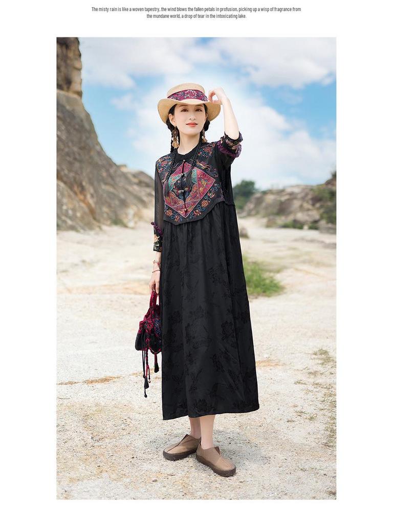 2025 Women's Ethnic Satin Jacquard Embroidered Vest Dress with Stand Collar