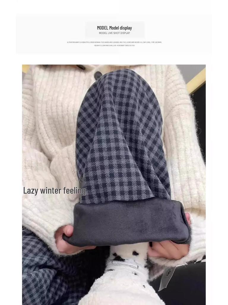 Women's Retro Plaid Wool Fleece-Lined Wide-Leg Pants - Casual Loose Fit for Autumn and Winter