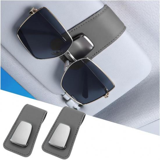 Car Sunglass Holders, 2PCS Leather Vehicle Sun Visor Eyeglasses Hanger Clip, One Handed Operation Automotive Interior Glasses Ticket Storage Clamp