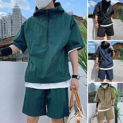 2Pcs/Set Men Casual Outfit Hooded Zipper Neckline Short Sleeve T-shirt Elastic Waist