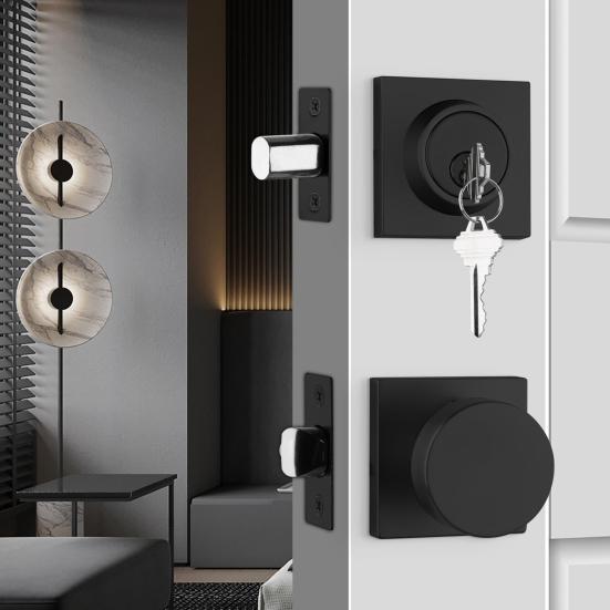 Black Door Knob with Deadbolt Adjustable Design Simple Installation Heavy Duty Modern Front Door Handle Deadbolt Set