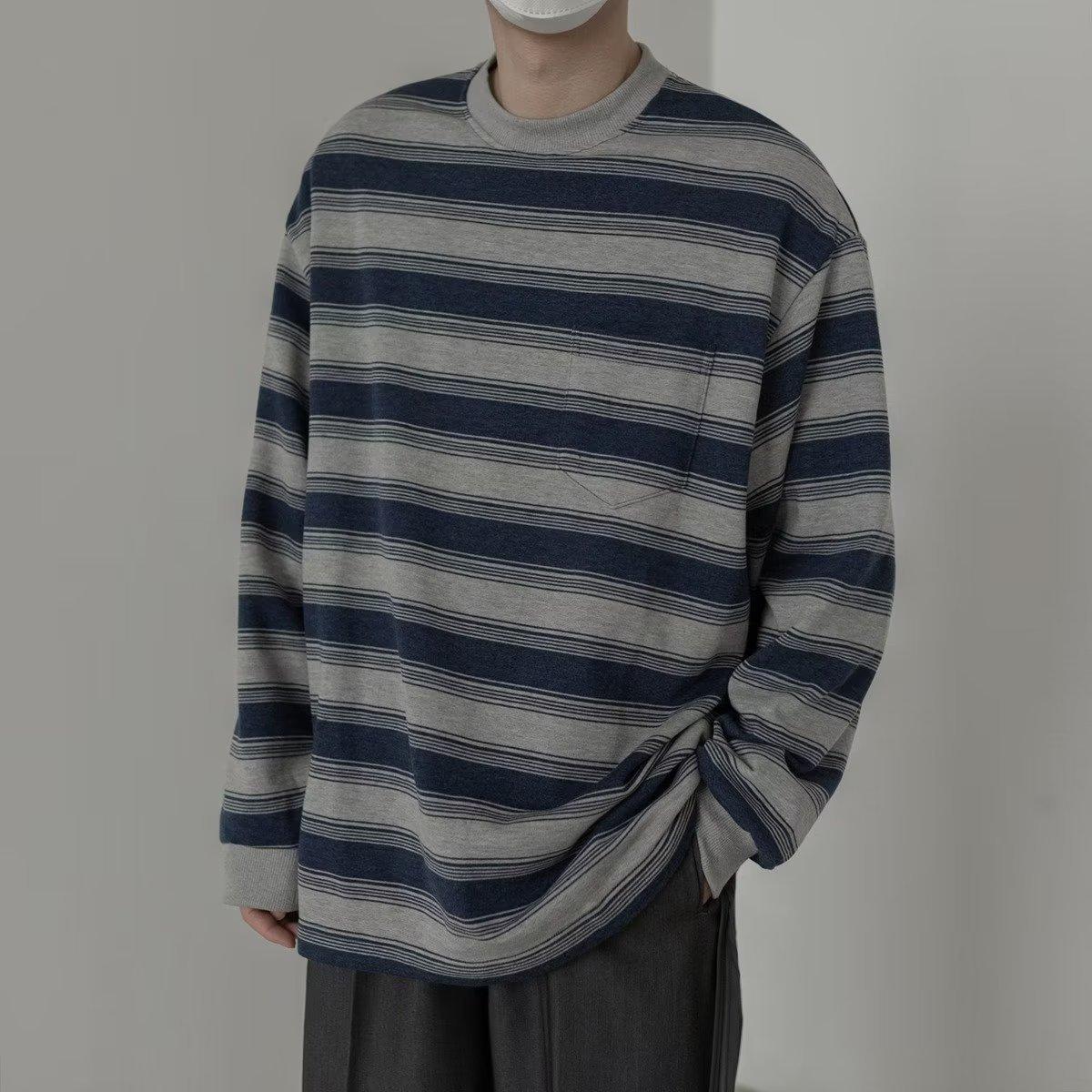 Spring and Autumn New Men s Temperament Casual Round Neck Long-sleeved T-shirt Striped Loose Long-sleeved Sweatshirt Niche Striped Color Matching M