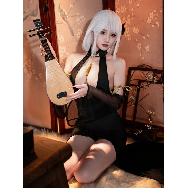 Sexy Deep V Halter Cheongsam Style Lingerie Dress with Sheer Sleeves and Backless Design Erotic Roleplay Outfit for Women