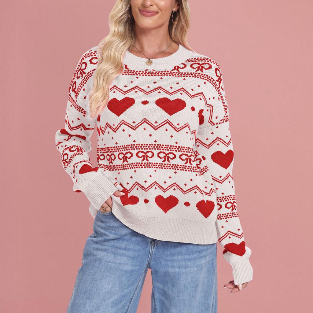 Women's Fashionable Round Neck Long Sleeved Heart-shaped Pullover, Contrasting Color Pullover, Sweater Top