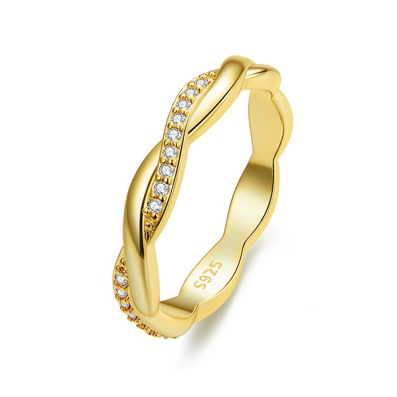 BAMOER 925 Silver Simple Twisted Rope Ring, Gold Plated Cubic Zirconia Eternity Band Stackable for Women Engagement