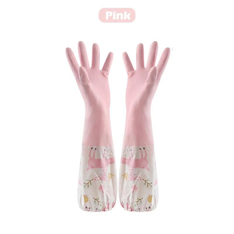 

Dishwashing Gloves Household Chore Splicing Sleeve Waterproof Gloves Plush Elastic Band Mouth Rubber Gloves M рожевий