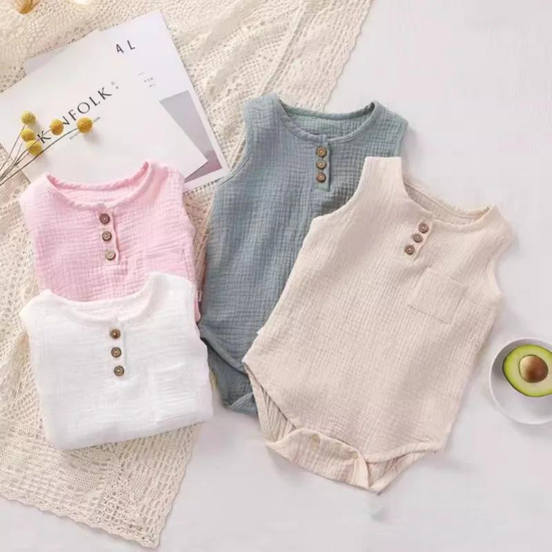 Summer Infant One-piece Clothes 0-3Y Newborn Cotton Gauze Bodysuit Baby Girl Boy Sleeveless Button Design Breathable Romper
