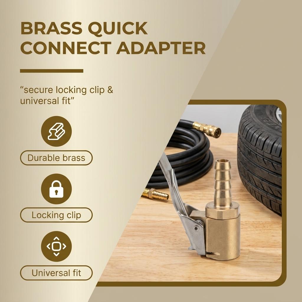 Tire Inflator Adapter with Locking Clip for Car Air Pump Brass Quick Connect Chuck
