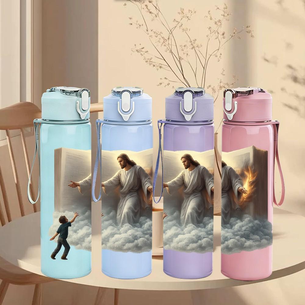 1PC Jesus Outstretched Hand Art 750ml Color Plastic Sports Water Bottle Leakproof Flip Straw Lid Suitable for Sports Office Home Use