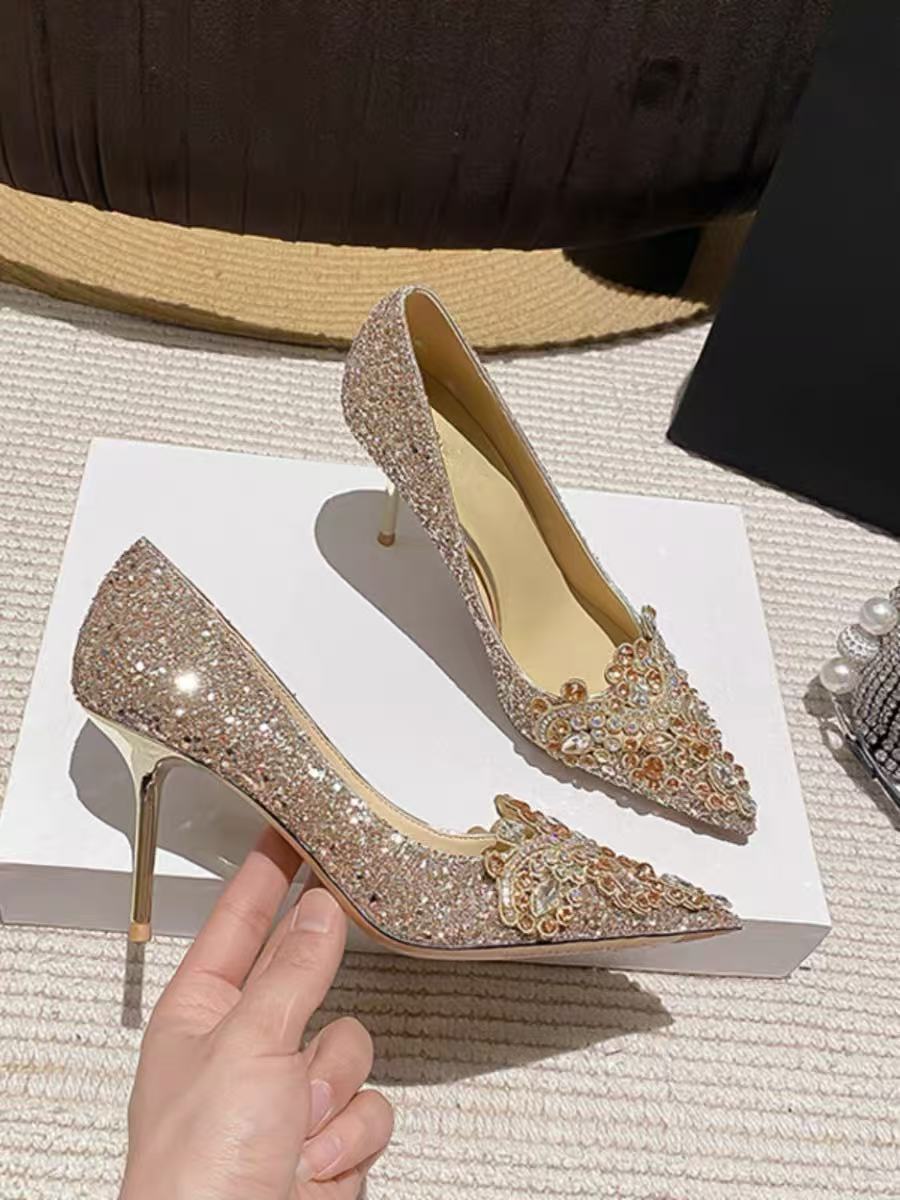 

French Xiuhe main wedding dress 2025 new high heels women s stiletto crystal shoes champagne wedding shoes bride shoes women 40