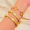 Gold Stainless Steel Bracelet Set with Nail and Clover Design - European and American Style Bangles