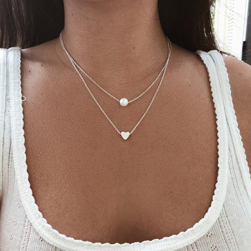 Personality Pearl Love Pendant Double Layer Necklace For Women Girls  Versatile Necklace Jewelry Accessories Gifts