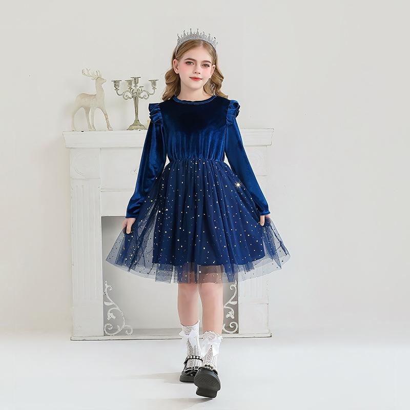 

Ruffled Long-sleeved Dress Princess Performance Costume Children s Clothing Starry Sky Mesh Skirt 100 синий