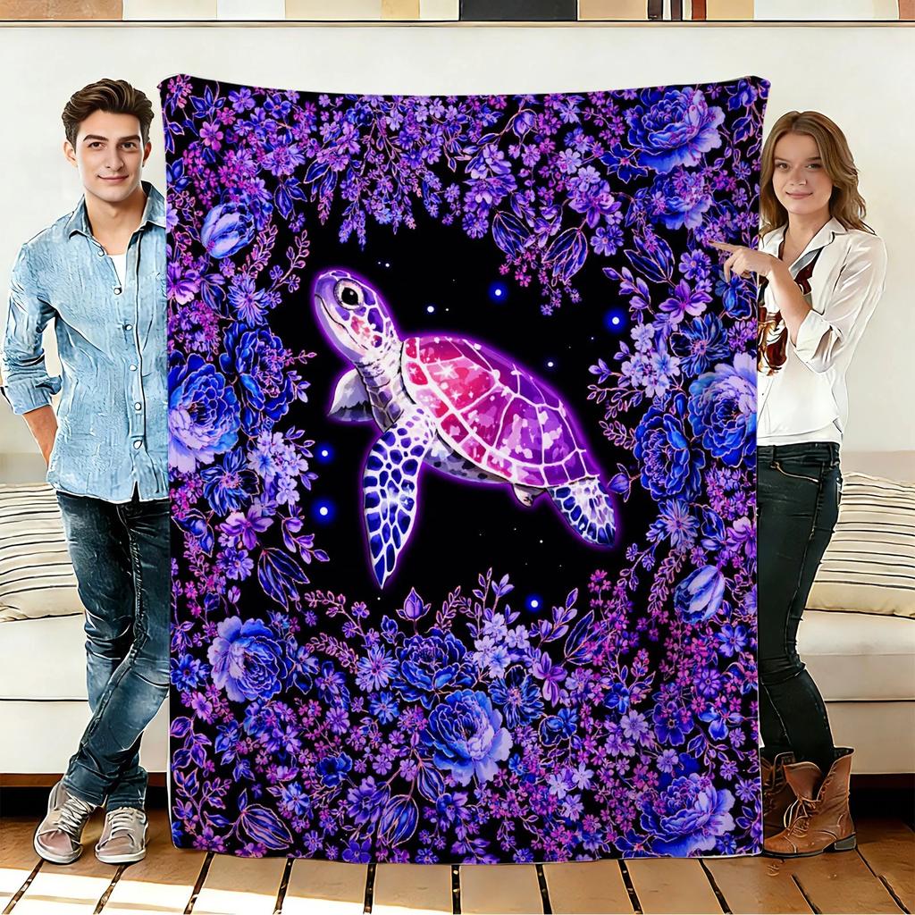 Sea Turtle and Floral Flannel Blanket Soft Cozy Throws Napping Travel Use