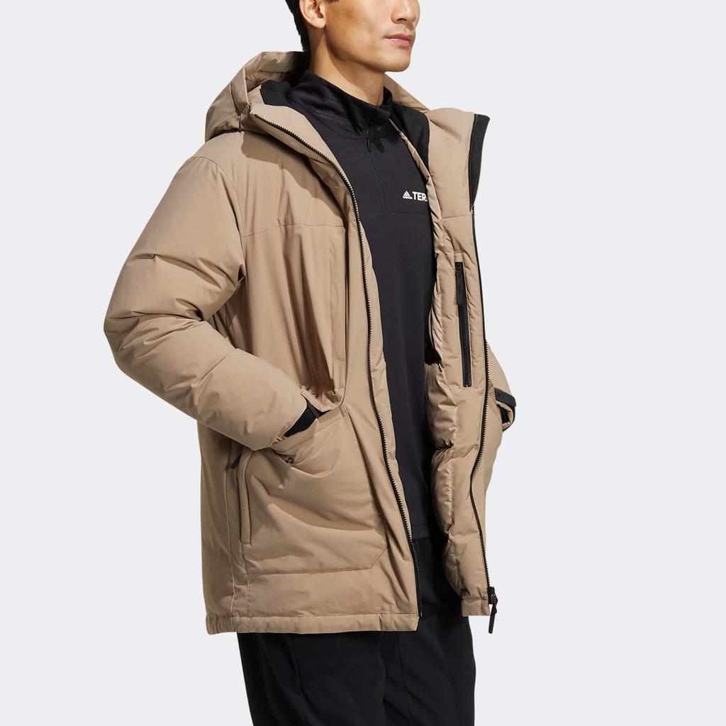 Adidas Solid Color Printed Logo Zip Hooded Down Jacket Unisex Outerwear Brown HR8445