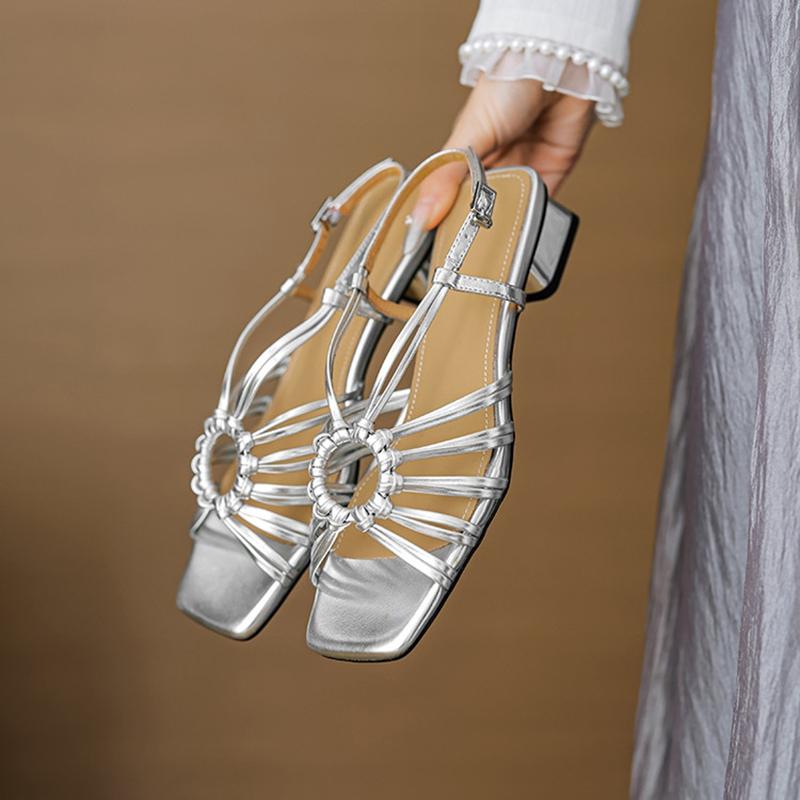 Fashion NEW Summer Women Sandals Square Toe Chunky Heel Shoes Split Leather Shoes for Women Narrow Band Buckle Strap Modern Sandals