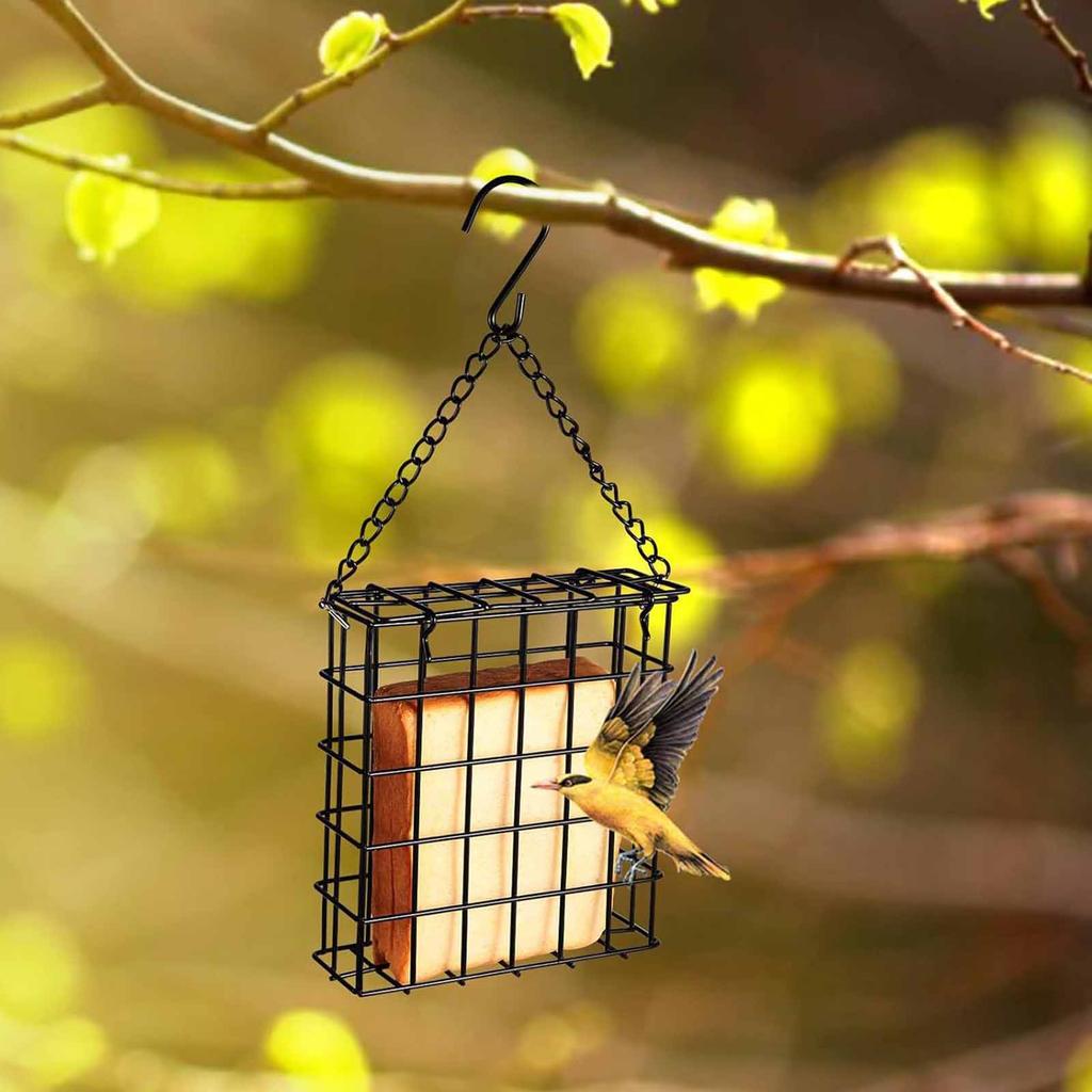 Outdoor Hanging Square Chain Bird Feeder, Wire Mesh Bread & Fruit Feeder, and Small Bird Food Dispenser