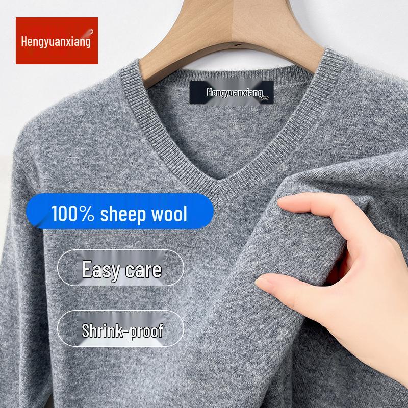 Hengyuanxiang Men's 100% Pure Wool Pullover, Round Neck, Thickened Winter Sweater for Middle-Aged Dads.
