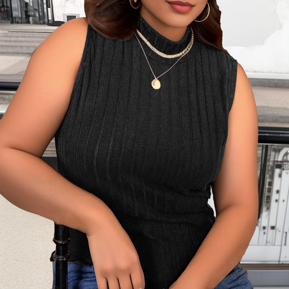 2026 Spring/Summer Plus Size Women's Knit Stretch Half High Neck Sleeveless Solid T-shirt