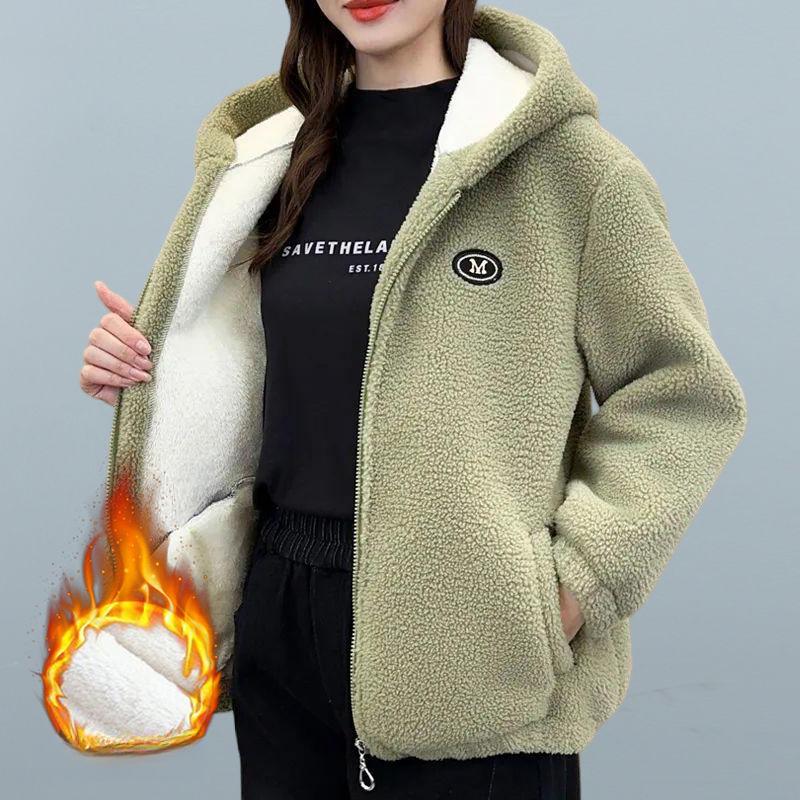 

Осень и Зима Женская Плюшевая Утепленная Куртка из Овечьей Шерсти Теплая Хлопковая Куртка для Мамы Повседневная Хлопковая Куртка с Капюшоном M зелёный