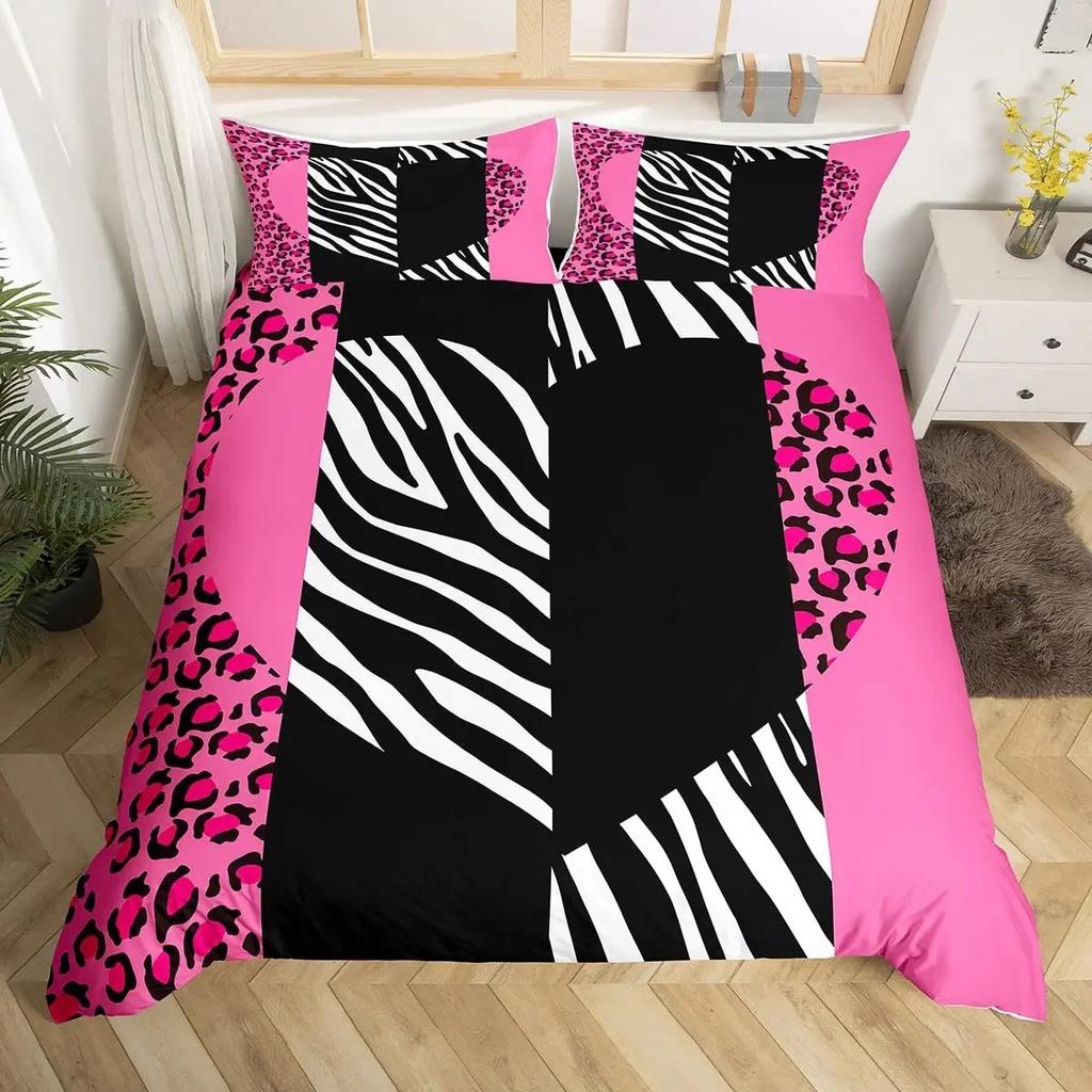 Queen Bedding Set Zebra Stripes Duvet Cover Red Glitter Lips Comforter Cover Girls Women Black White Leopard Print Duvet Set