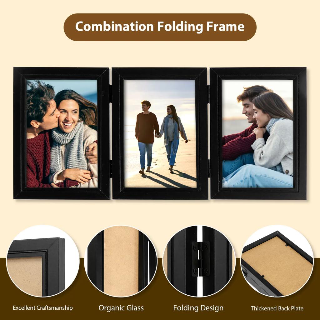 Triple Photo Frame 180° Foldable Hinged Picture Frame Stand Vertically on Desktop Photo Frame Glass Front Black Photo Frame