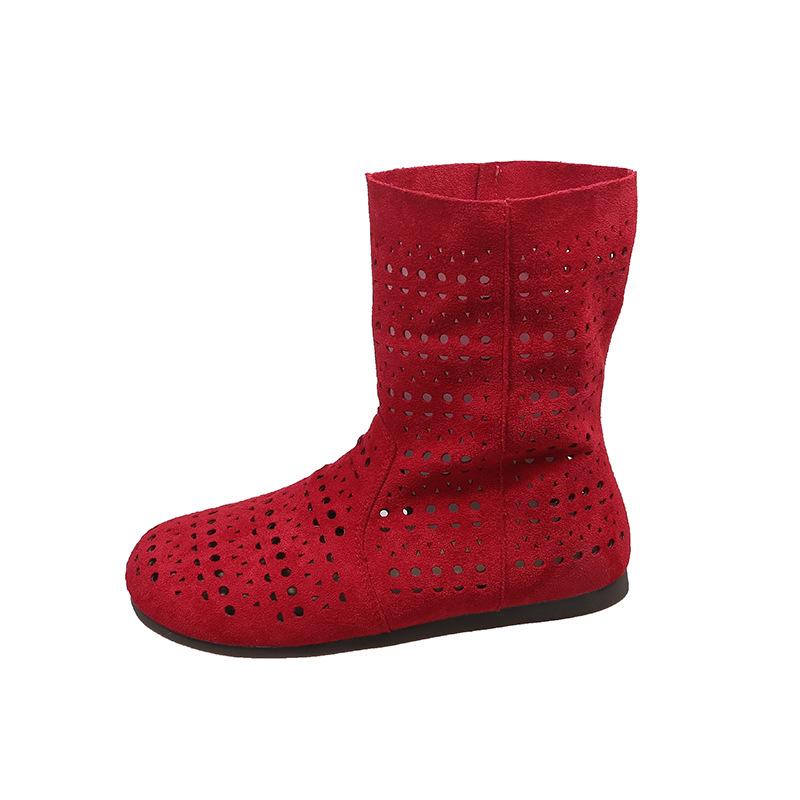 2025 spring and summer new sandals leather hole middle boots medium heel thick heel large size women's boots hollow cool boots