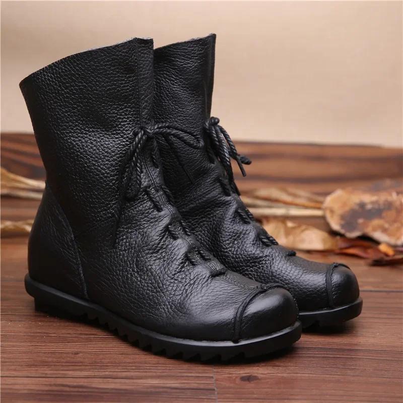  Women Boots Soft Leather Woman Short Retro Soft Leather Shoes Girls Flat Non-slip Short-tube Soft-soled Cotton Boots Shoe