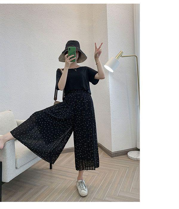Chiffon Wide-Leg Pleated High-Waist Slimming Loose Fit Nine-Point Skirt Pants for Women