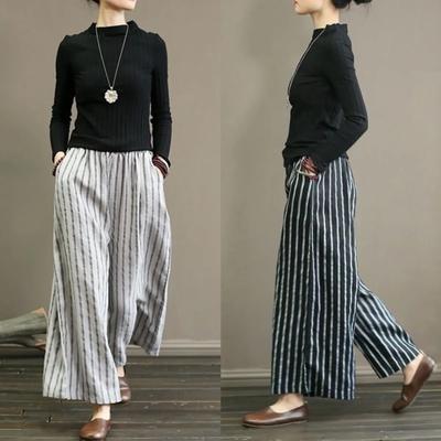 Literary Striped Wide-leg Pants Summer Women's Large Size Slim Drape Casual Straight Nine-point Pants