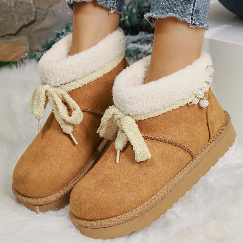 Luxury Lace Up Pearl Decoration Snow Boots Women 2025 Soft Faux Fur Ankle Boots Woman Solid Color Platform Warm Botas Mujer