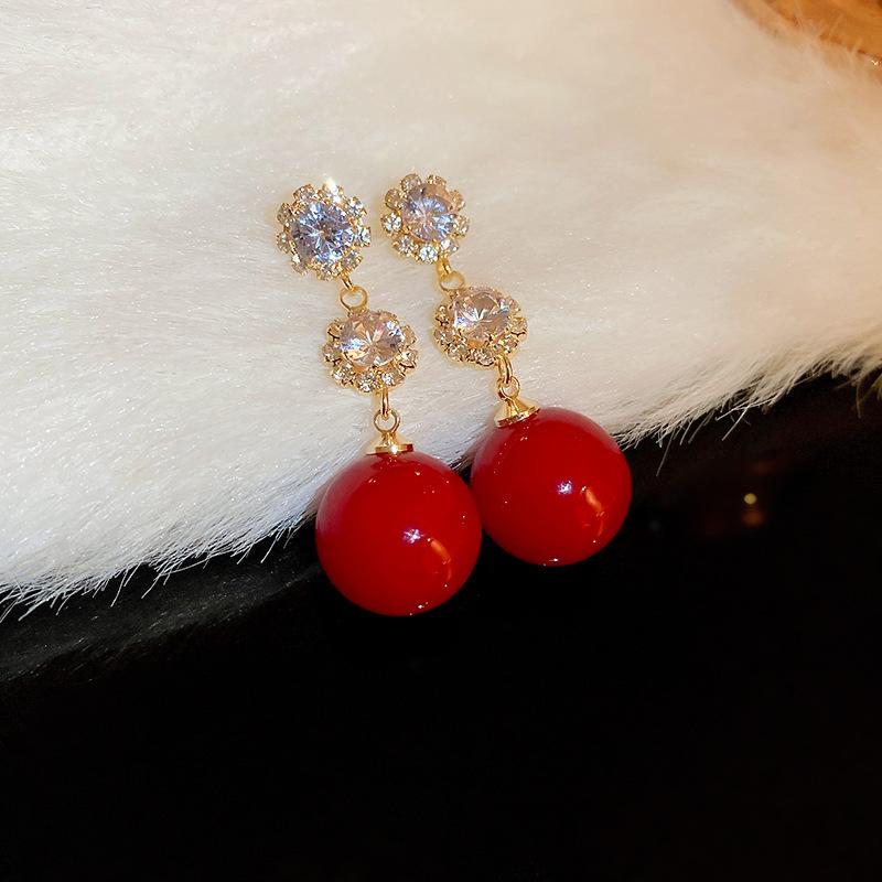 Flower Zircon Round Red Pearl Earrings for Women Light Luxury Temperament Red Stud Earrings Sweet Simple Zircon for Women
