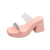 Transparent High Heels Cool Slippers Women's 2025 Outer Wear Crystal Thick Heel French Temperament One-word Women's Slippers