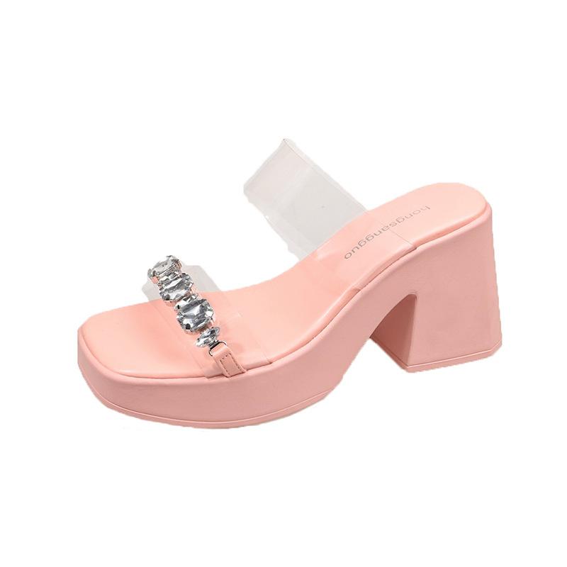 Transparent High Heels Cool Slippers Women's 2025 Outer Wear Crystal Thick Heel French Temperament One-word Women's Slippers